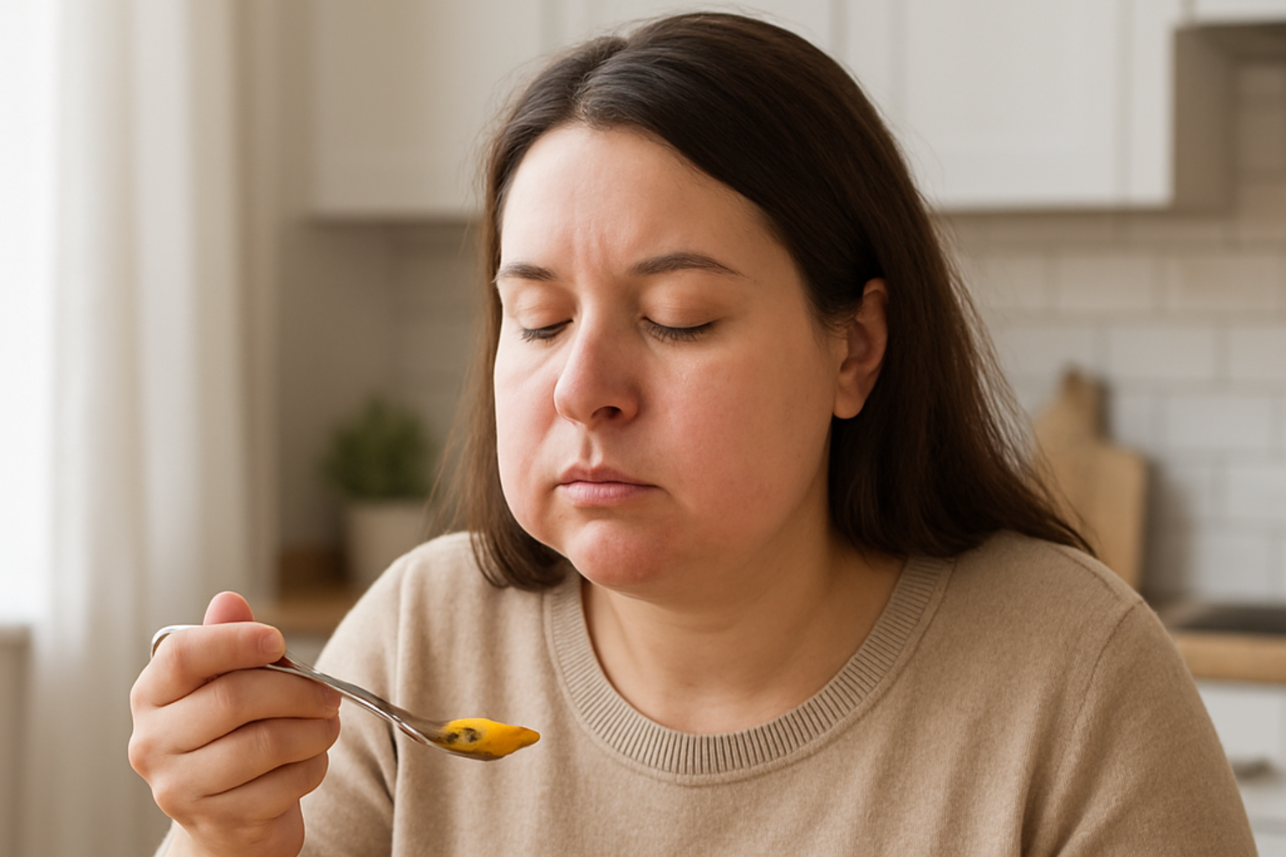 Femme en convalescence après chirurgie des mâchoires prenant un repas mixé en phase de récupération post-opératoire.