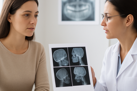 Femme en consultation pré-opératoire pour une chirurgie orthognathique avec examens d’imagerie et bilan médical.