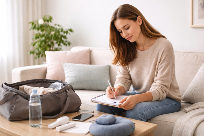 Femme préparant une chirurgie orthognathique à la maison avec checklist pré-opératoire et affaires d’hospitalisation.