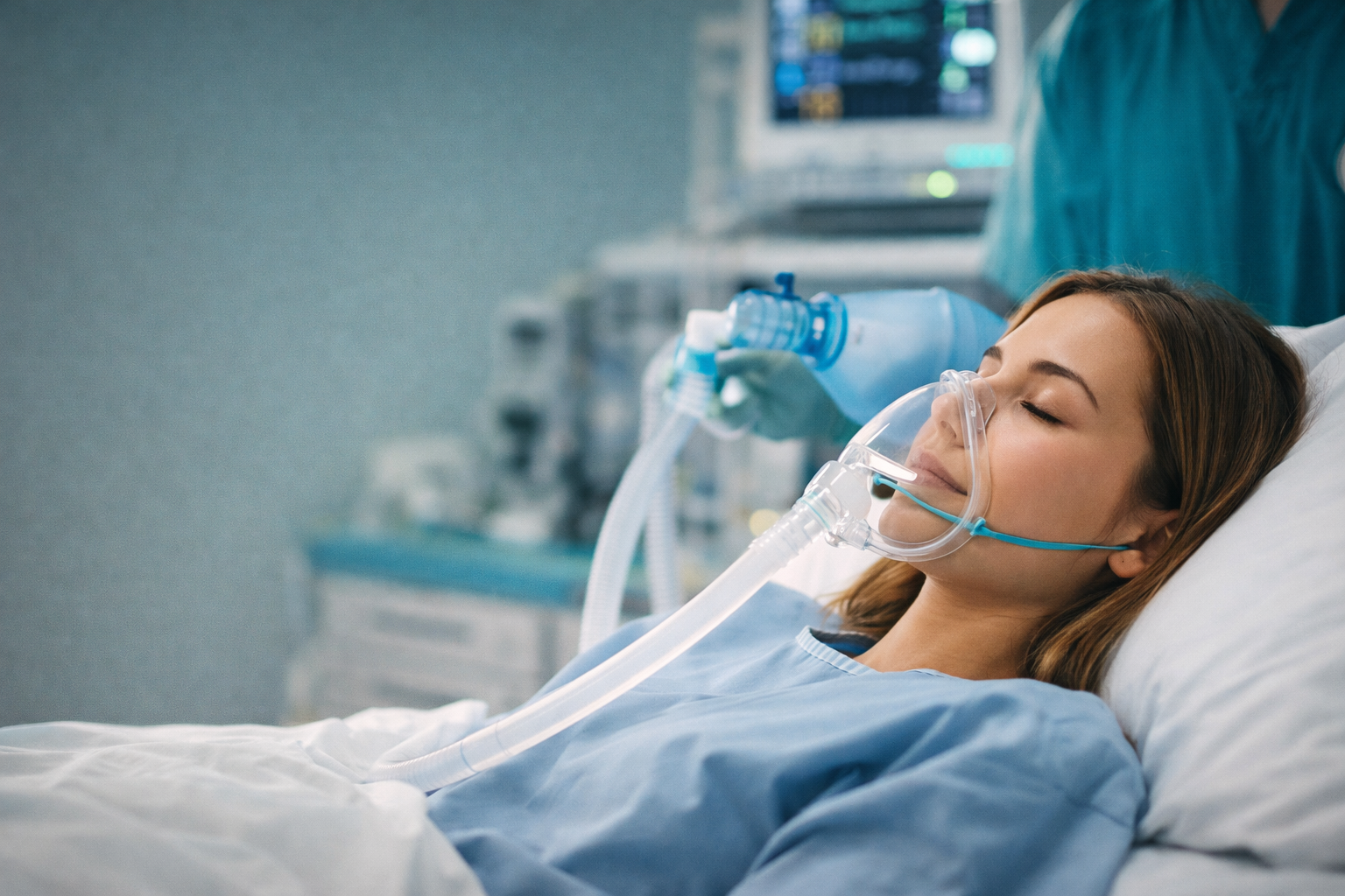 Patiente sous anesthésie générale avant une chirurgie orthognathique en salle d’intervention.