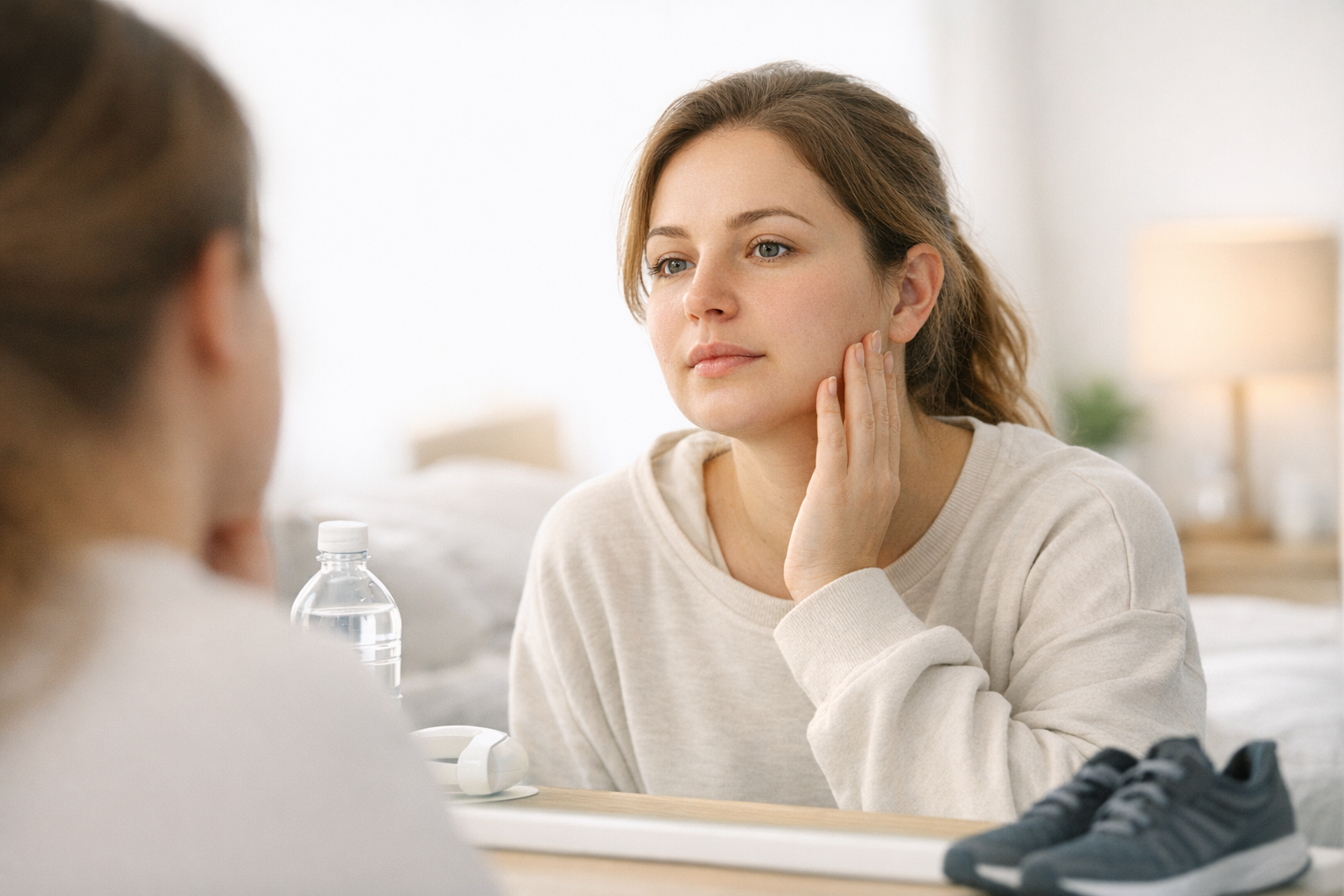 Femme en convalescence après chirurgie des mâchoires évaluant sa reprise des activités devant un miroir.