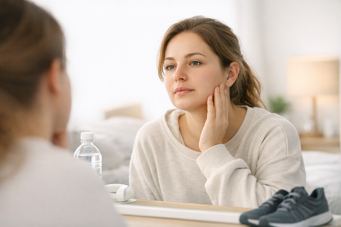 Femme en convalescence après chirurgie des mâchoires évaluant sa reprise des activités devant un miroir.