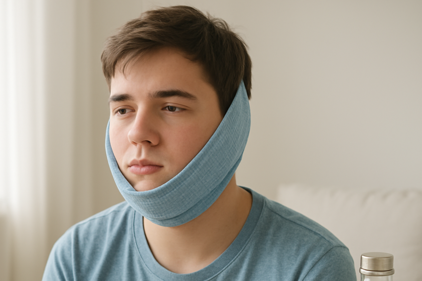 Jeune homme en convalescence après chirurgie des mâchoires.