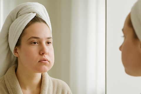 Femme en convalescence après chirurgie des mâchoires s’interrogeant sur l’évolution des cicatrices et les soins post-opératoires.