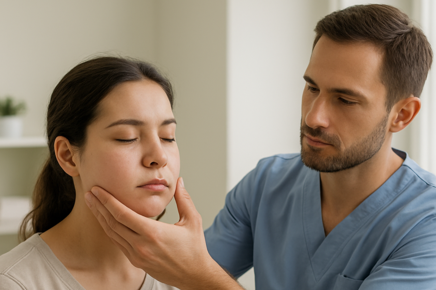 Femme en rééducation maxillo-faciale après chirurgie des mâchoires avec son kinésithérapeute.