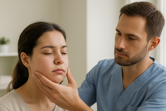 Femme en rééducation maxillo-faciale après chirurgie des mâchoires avec son kinésithérapeute.