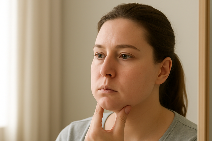 Femme en convalescence après une chirurgie des mâchoires réalisant un exercice de rééducation mandibulaire à domicile devant un miroir.