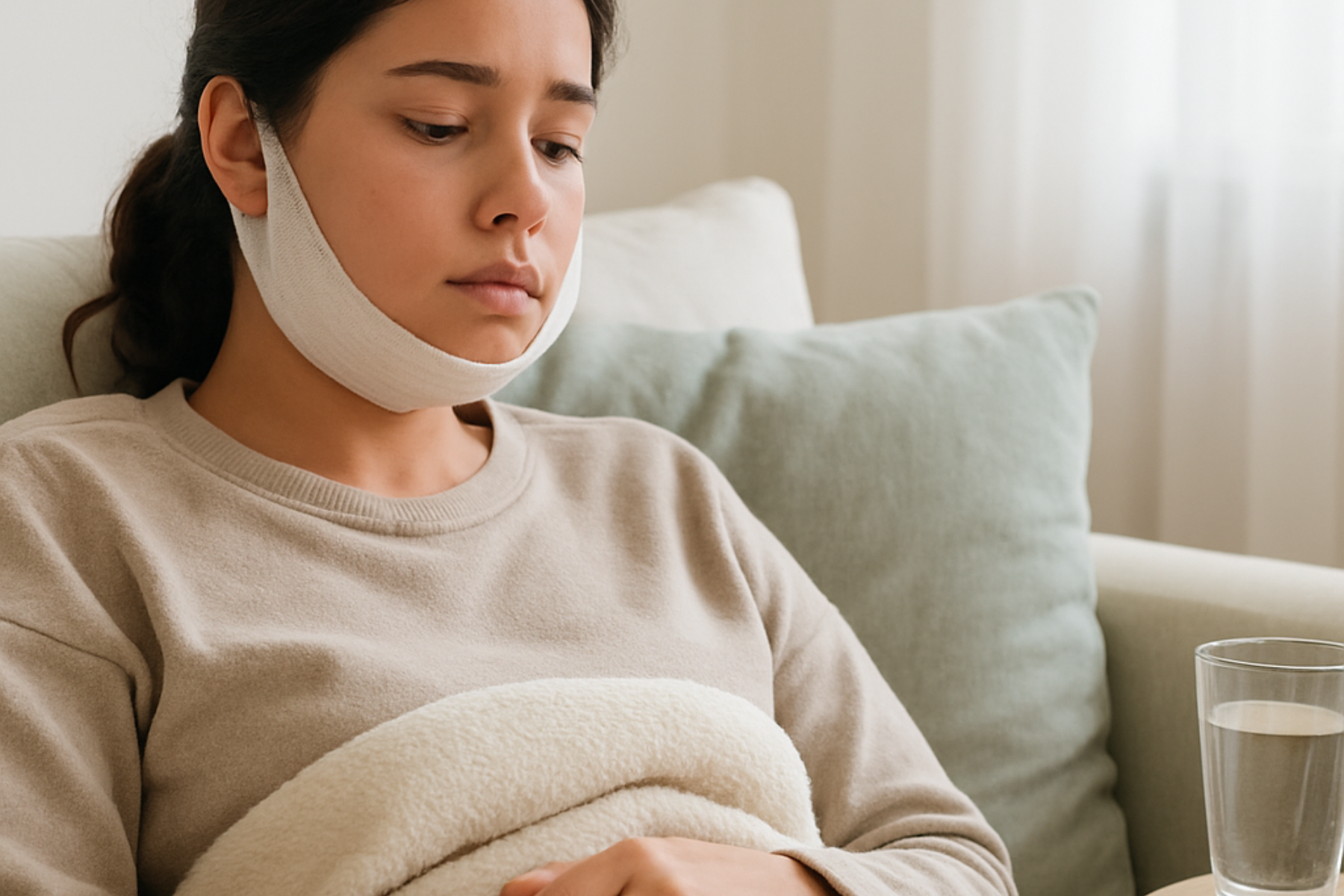 Femme en convalescence après chirurgie des mâchoires dans les premières semaines de récupération à domicile.