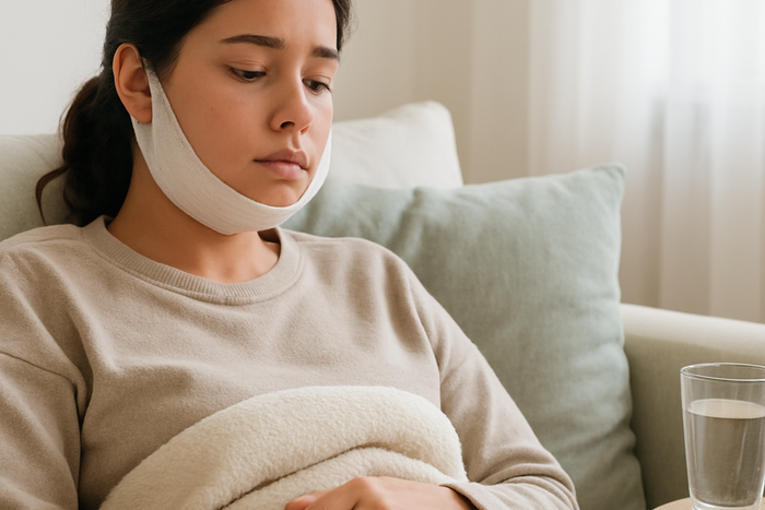 Femme en convalescence après chirurgie des mâchoires dans les premières semaines de récupération à domicile.
